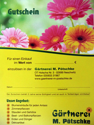 Geschenkgutschein für Pflanzen, Deko aus der Gärtnerei Pötschke
